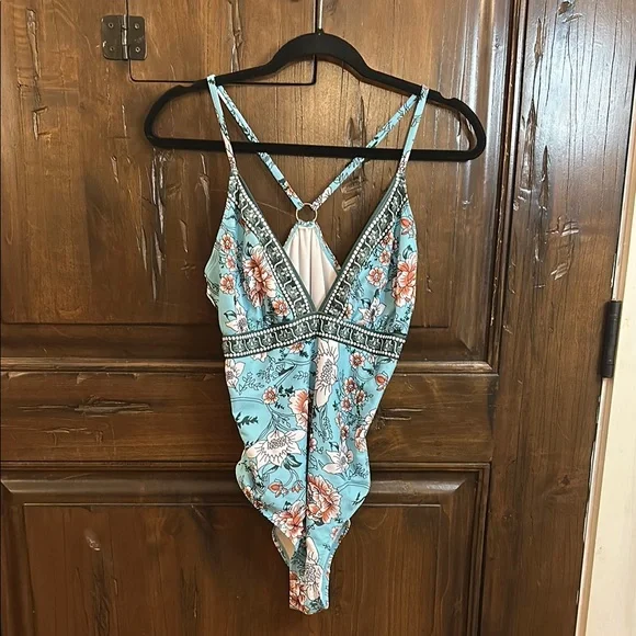 Blue and White Floral One Piece Swimsuit with Strappy Back - Picture 2 of 5